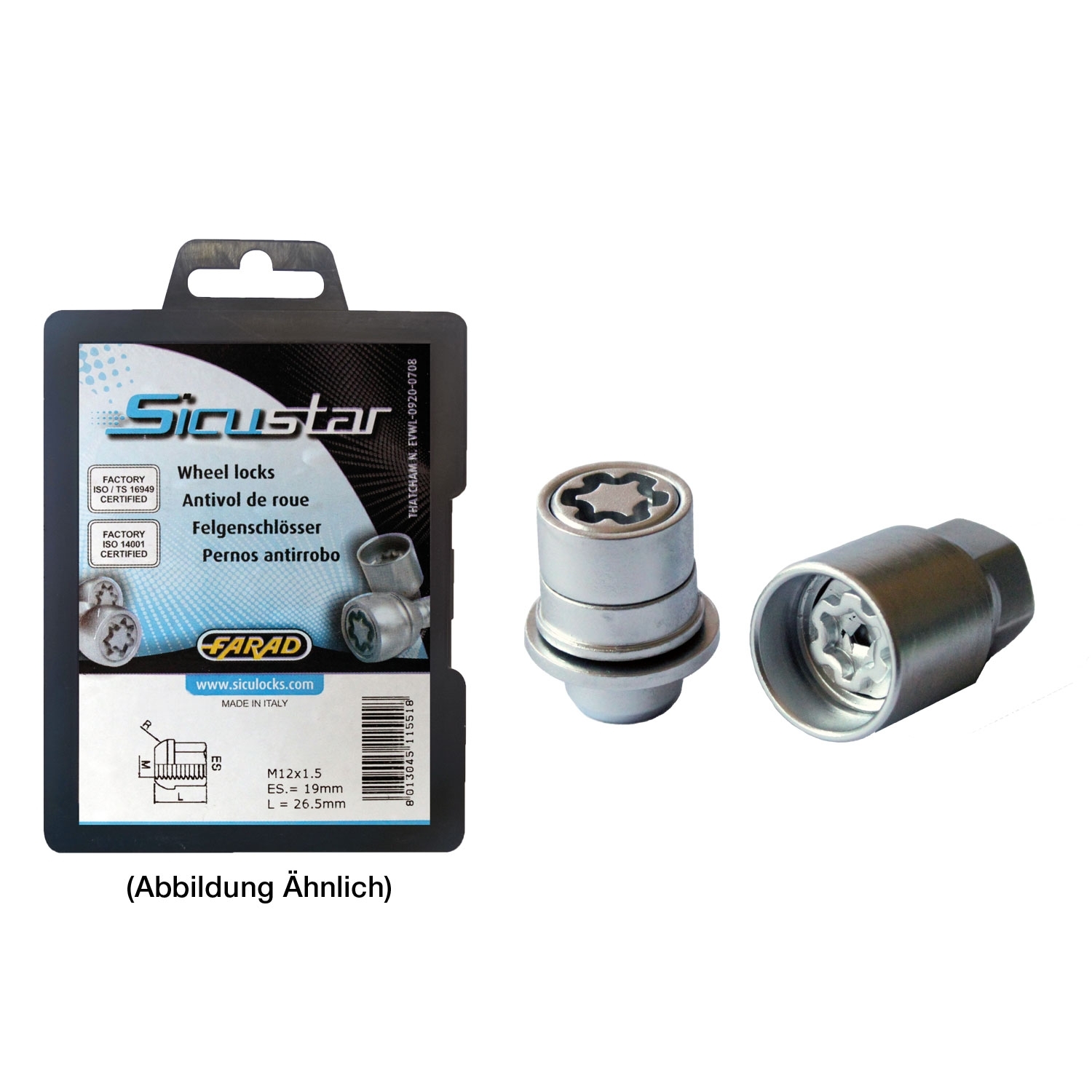 Radsicherung " Sicustar " M12 x 1.25 x 38 Flachbund + Zylinder